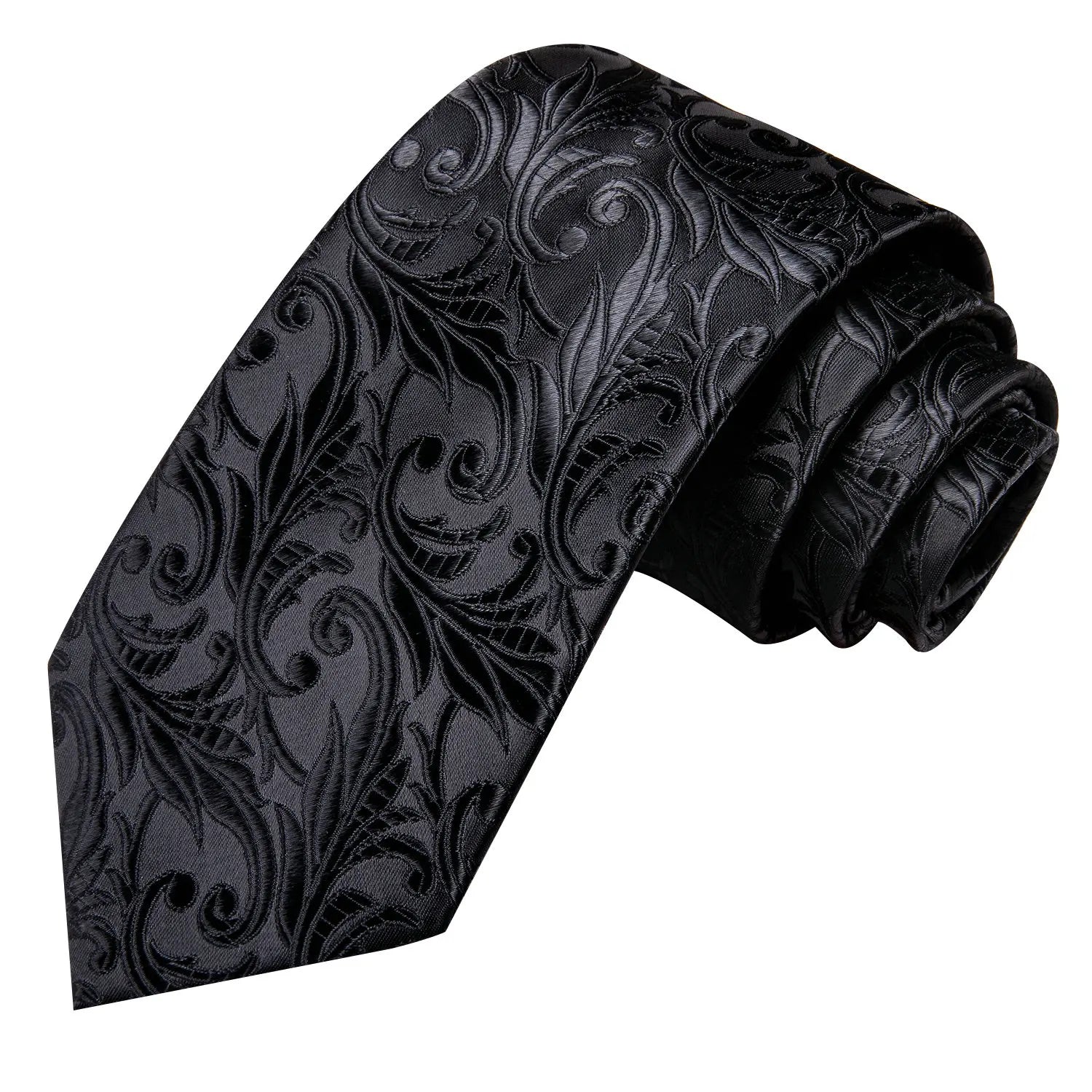 Gravata Masculina Poliéster Preto Floral com Lenço de Bolso