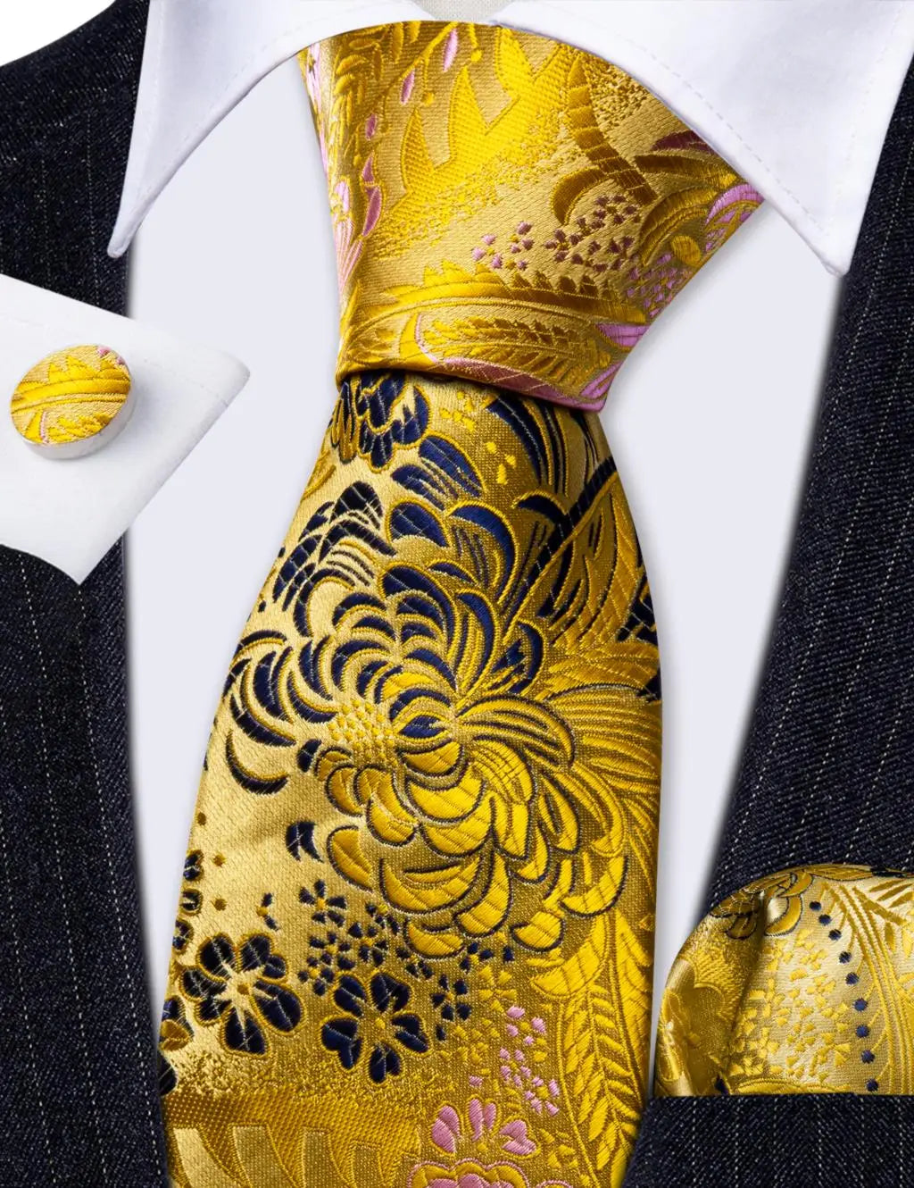 Gravata Masculina Amarelo Floral com Acessórios by Loja Bruna Modas