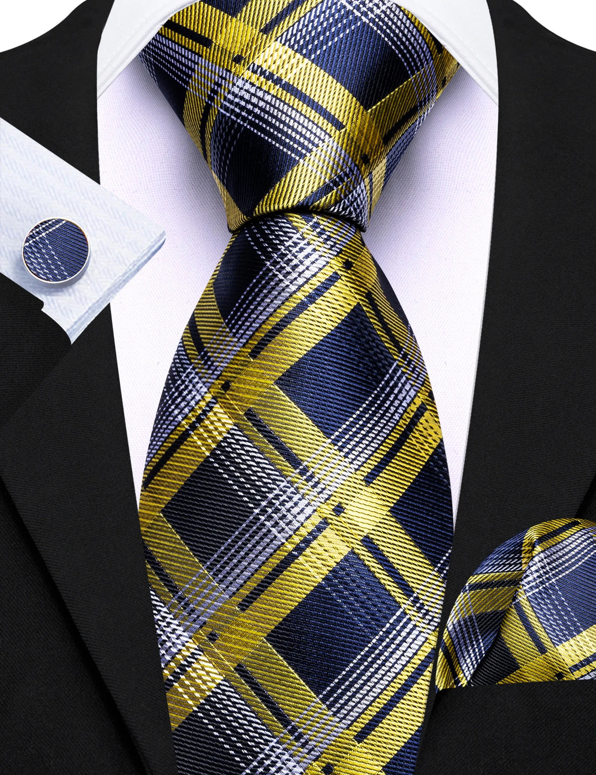 Gravata Masculina Xadrez de Poliéster com Lenço de Bolso e Abotoaduras