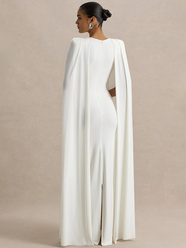 Vestido Longo Slim Elegante com Mangas Capa de Morcego