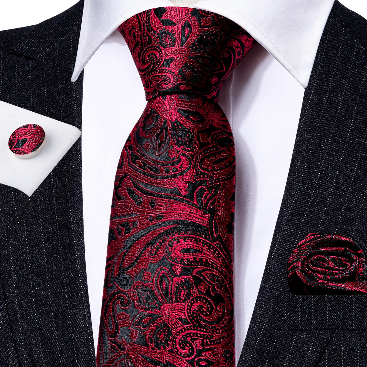 Gravata Masculina Clássica Vermelho e Preto com Acessórios by Loja Bruna Modas