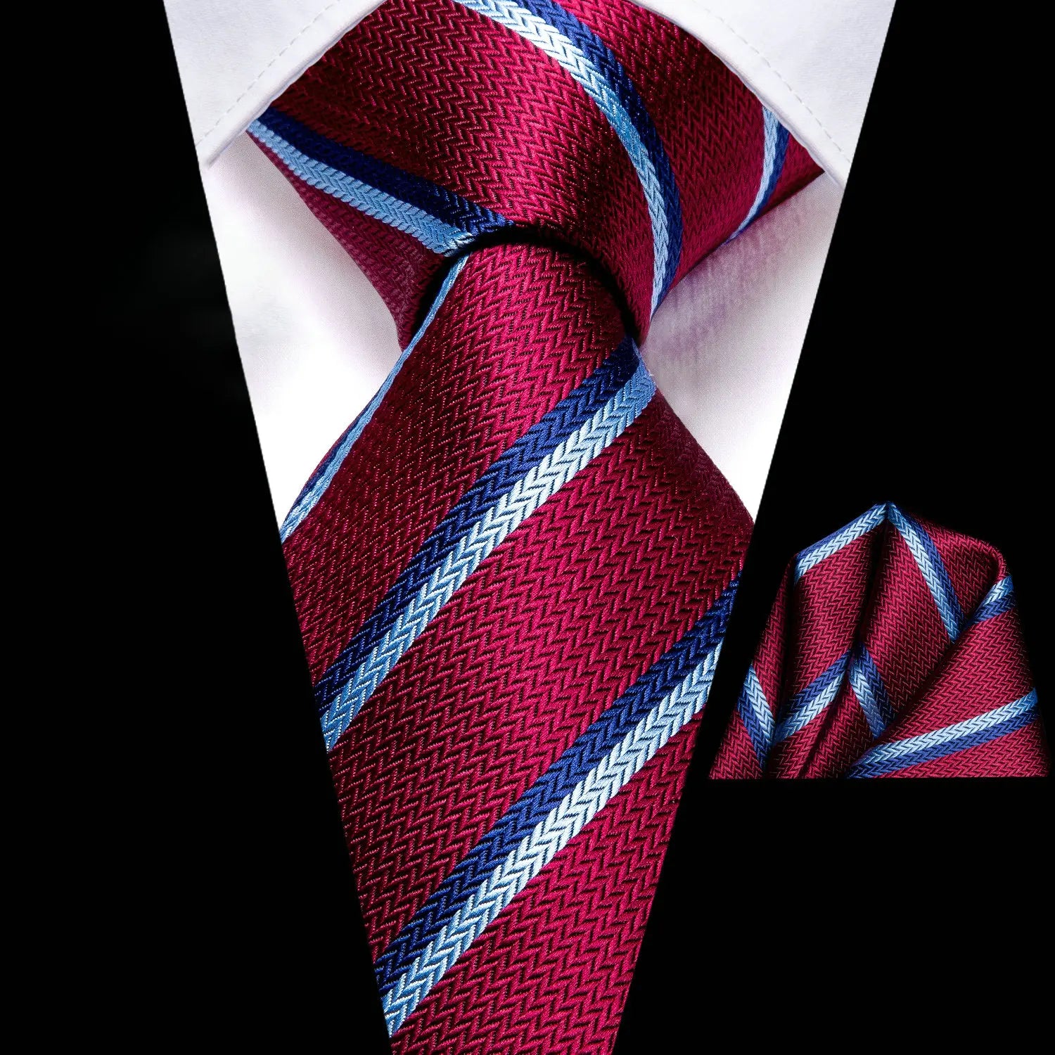 Gravata Masculina Poliéster Vermelho Listrado com Lenço de Bolso
