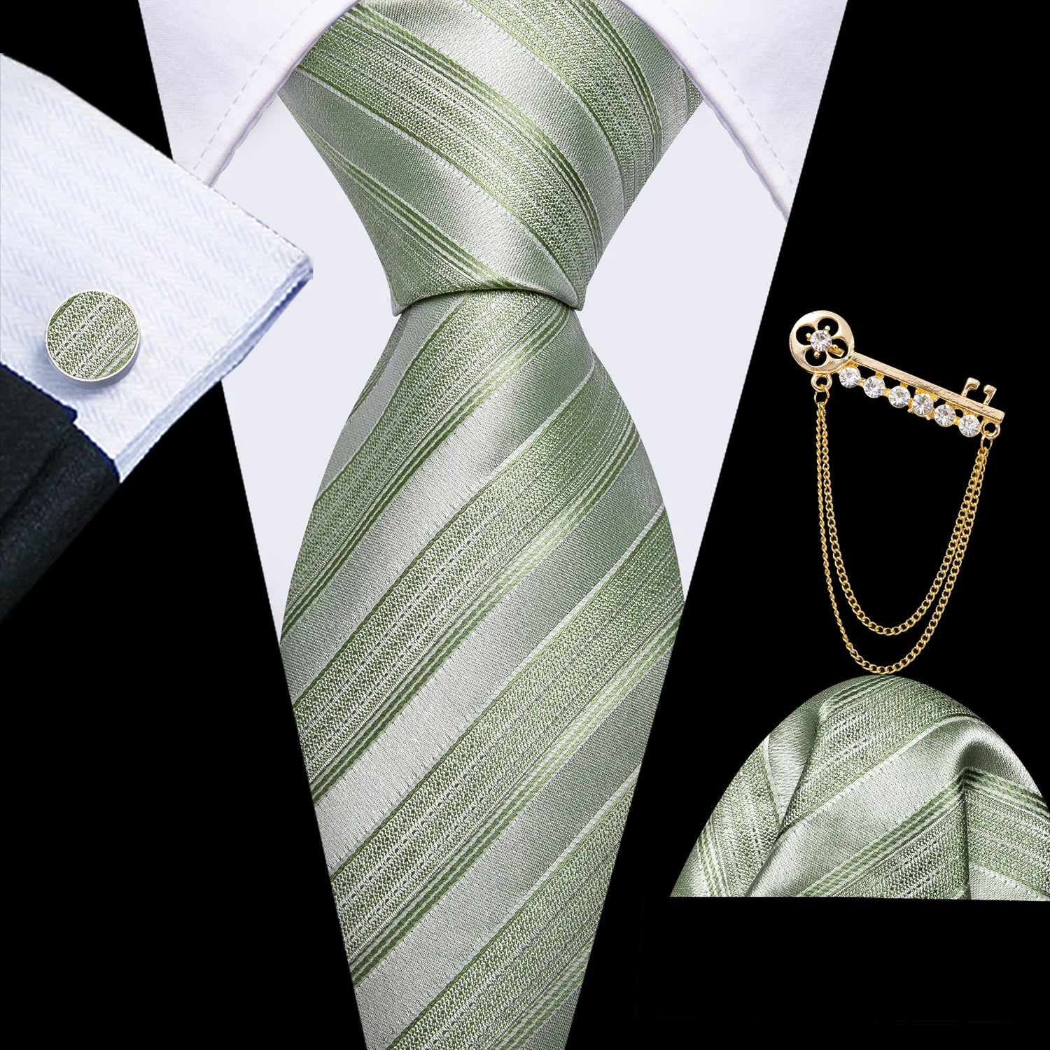 Conjunto de Gravata Masculina Listrada com Lenço de Bolso