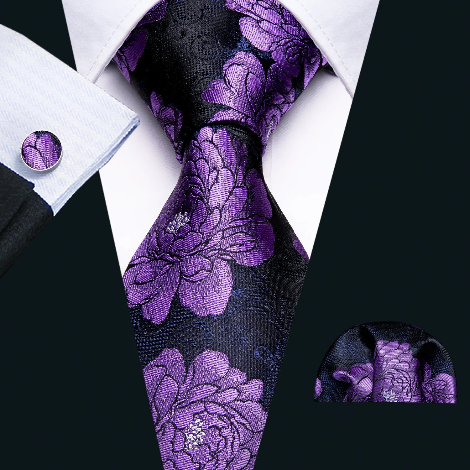 Conjunto Gravata Masculina de Seda Floral com Abotoaduras