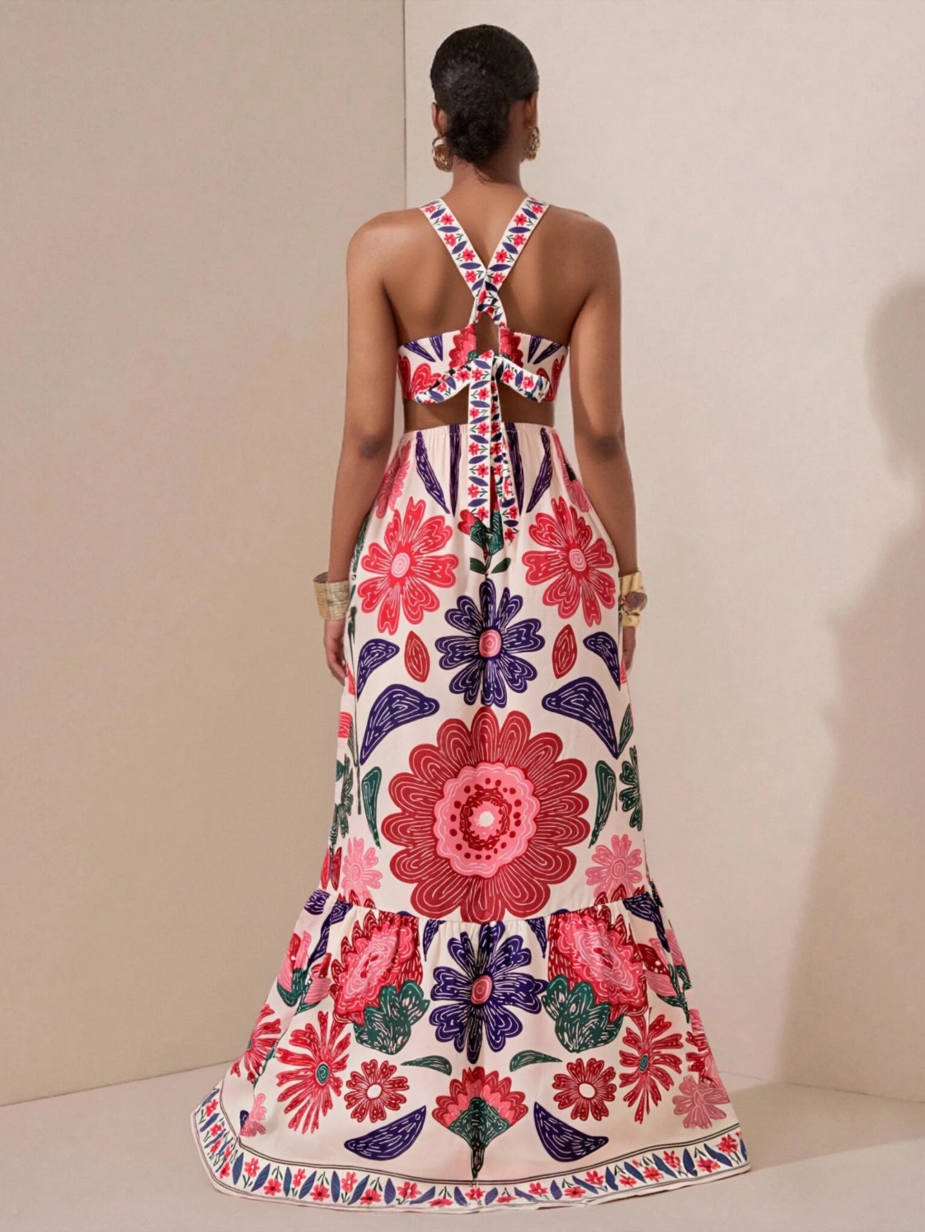 Vestido Longo Feminino Estampa Floral Decote Halter