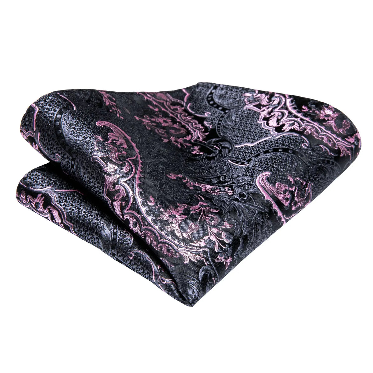 Gravata Masculina Preta e Rosa Floral com Lenço de Bolso