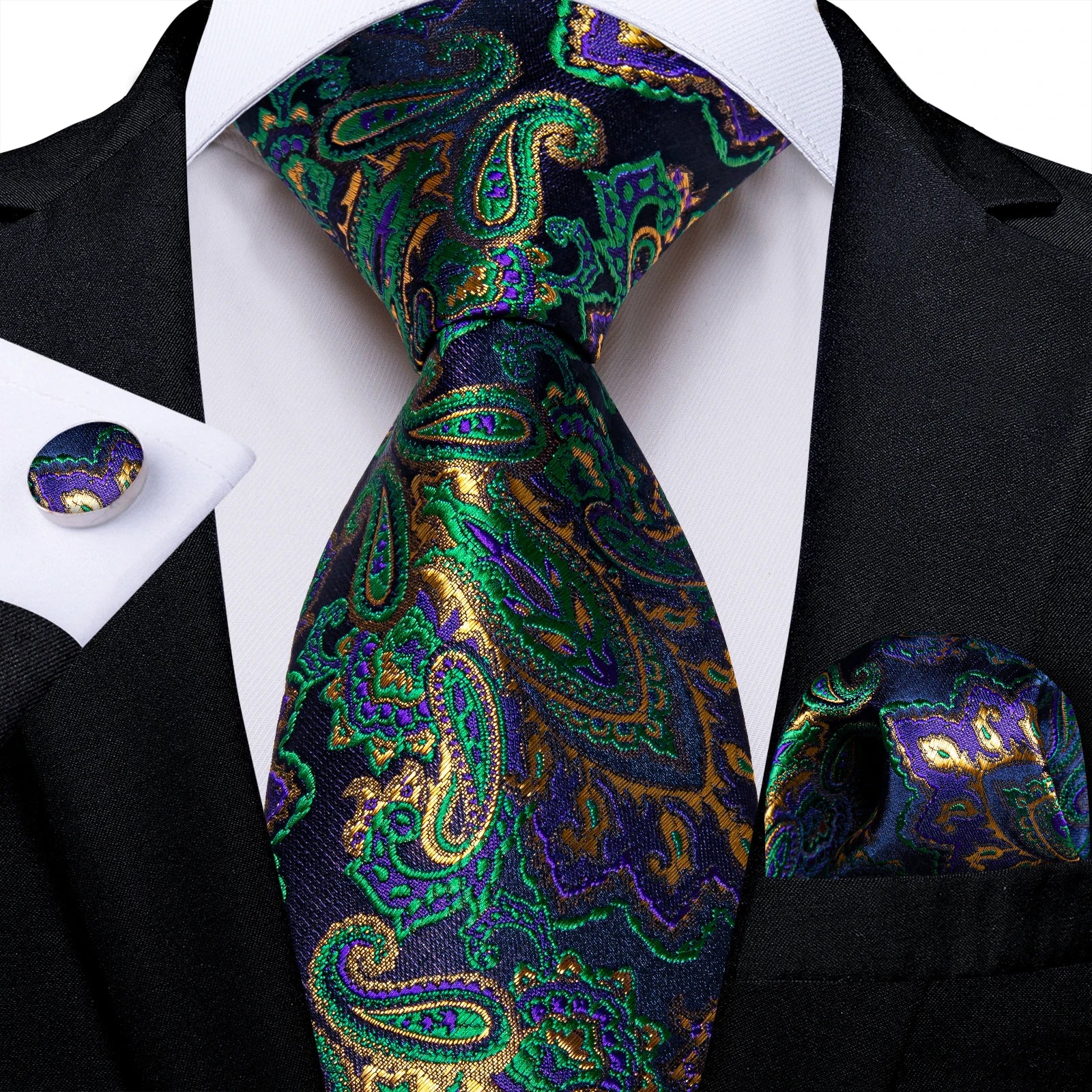 Conjunto de Gravata Masculina de Poliéster Verde Floral com Acessórios