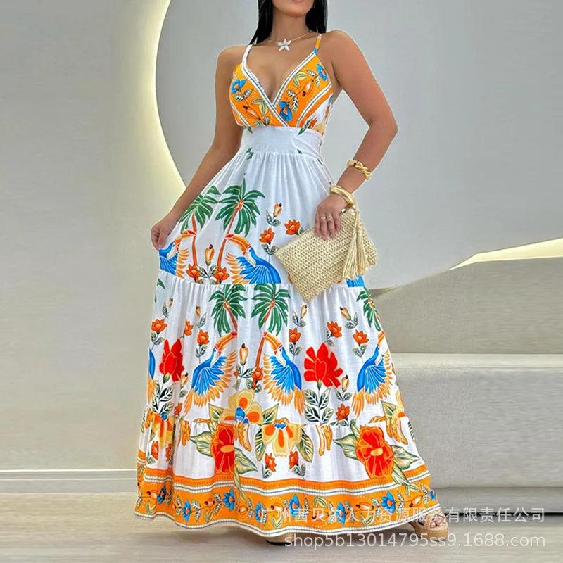 Vestido Feminino Maxi Estampado Tropical