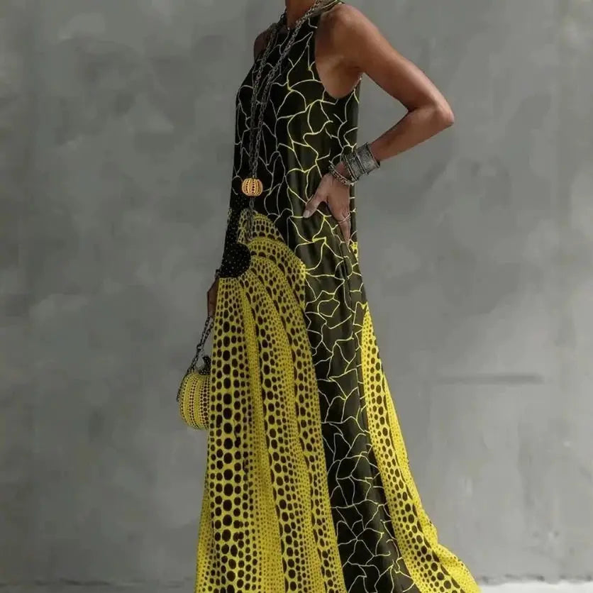 Vestido Longo Feminino com Estampa Abstrata e Gola Redonda