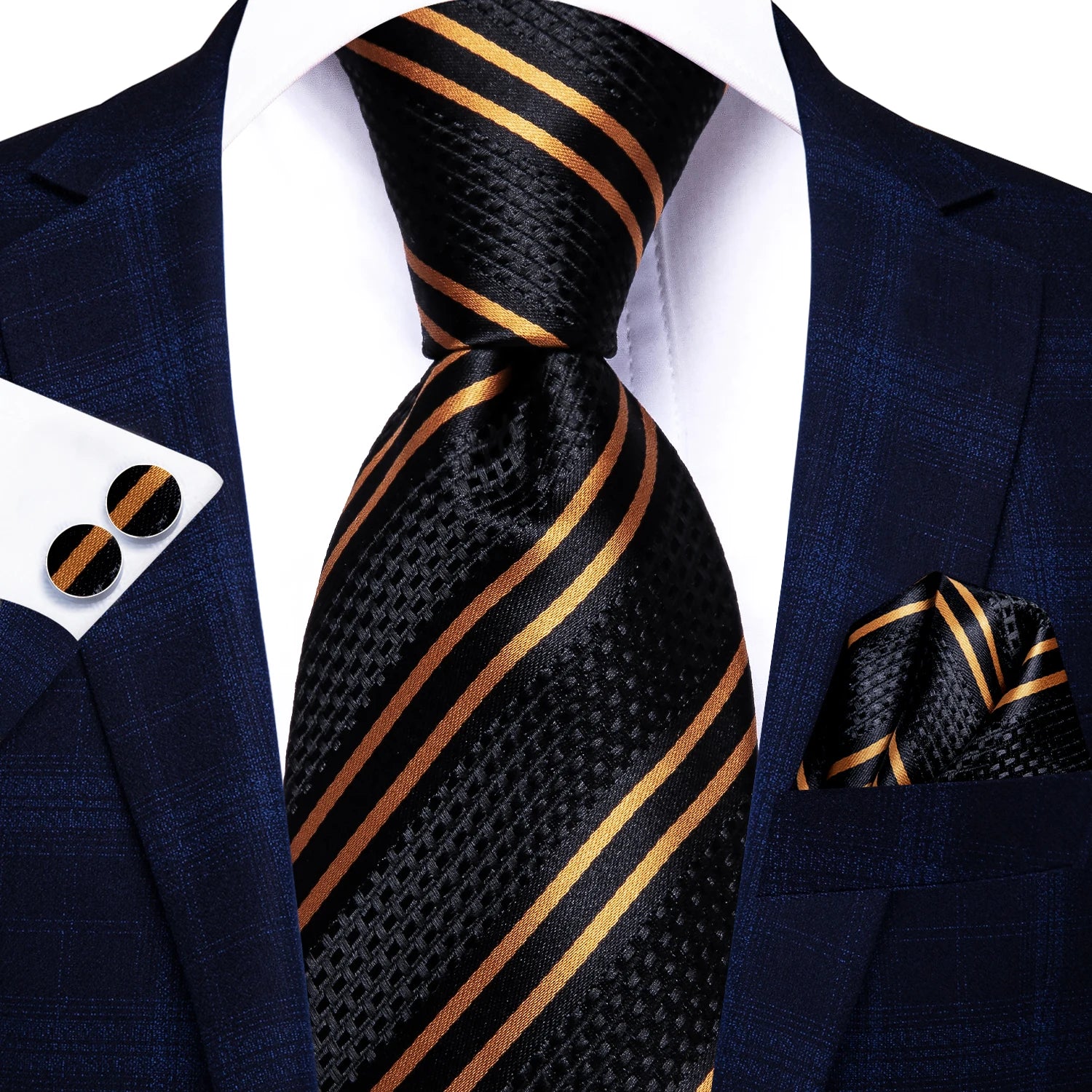 Gravata Masculina Listrada de Luxo com Lenço de Bolso e Abotoaduras