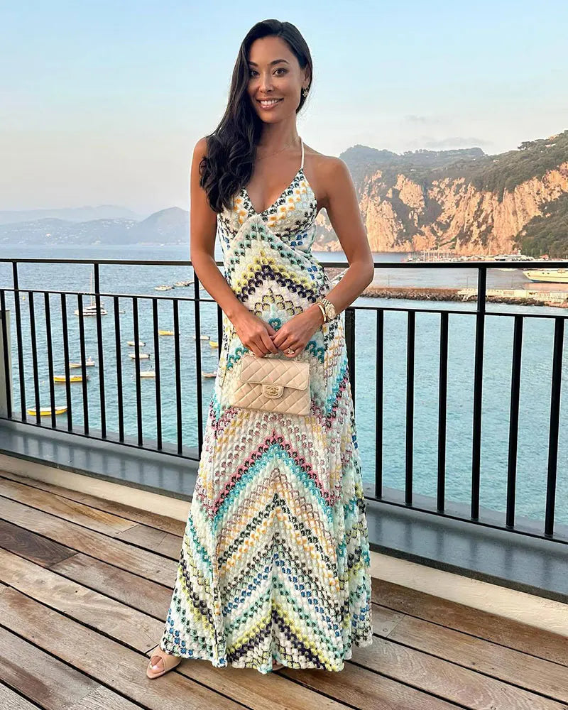 vestido longo feminino de crochê com decote em V e acessórios