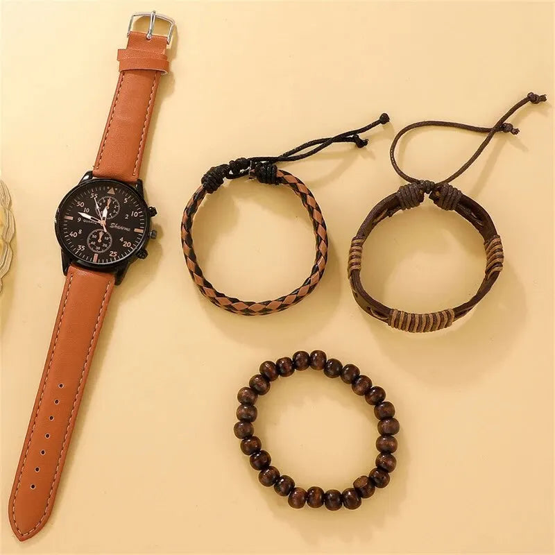 Conjunto de Presente Masculino de Luxo com Pulseira e Relógio de Quartzo