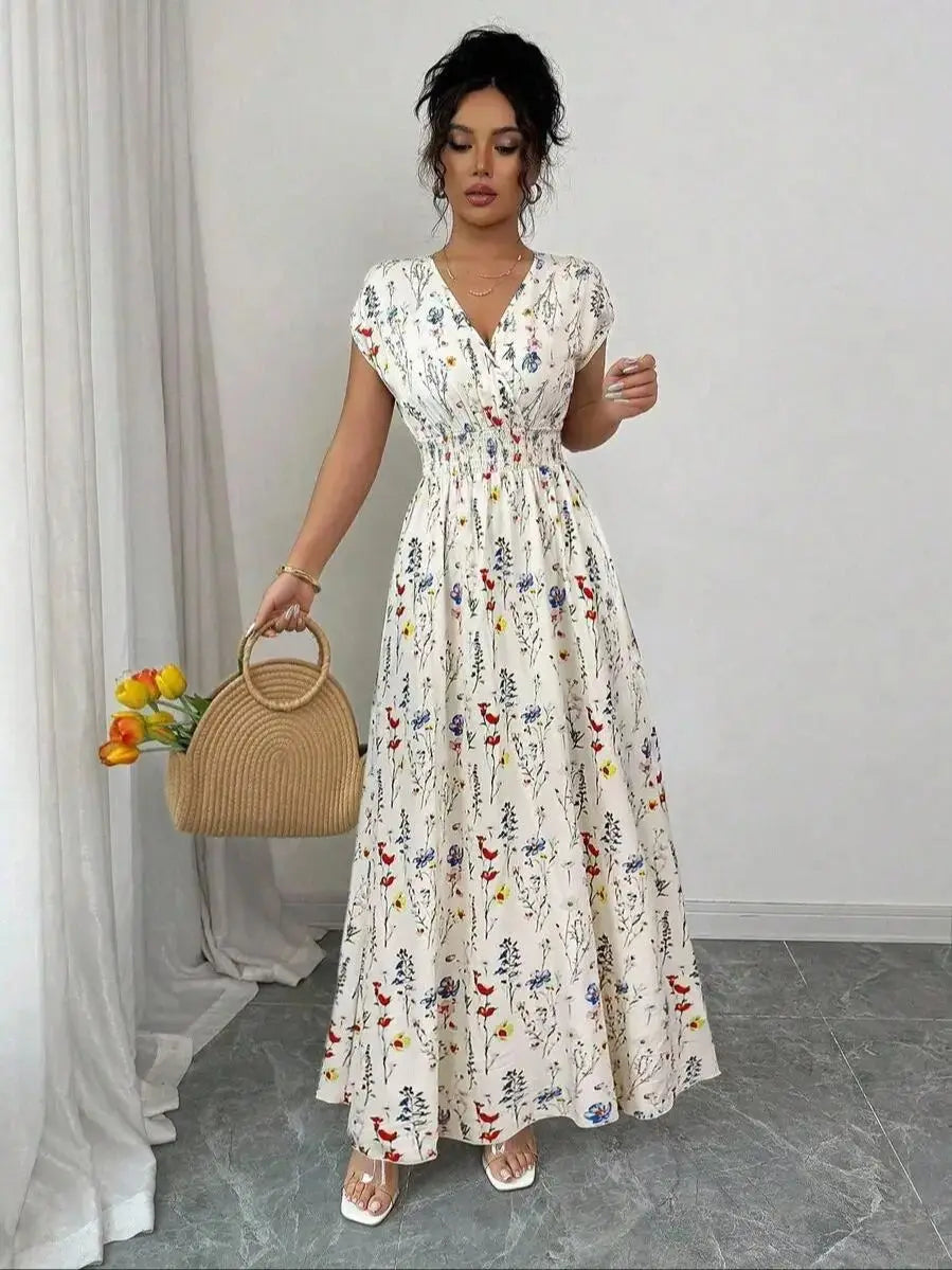 Vestido Longo Feminino com Estampa Floral Decote em V by Loja Bruna Modas