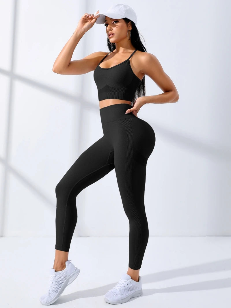 Conjunto Yoga Feminino 2 peças Leggings Sutiã Desportivo Alças Finas