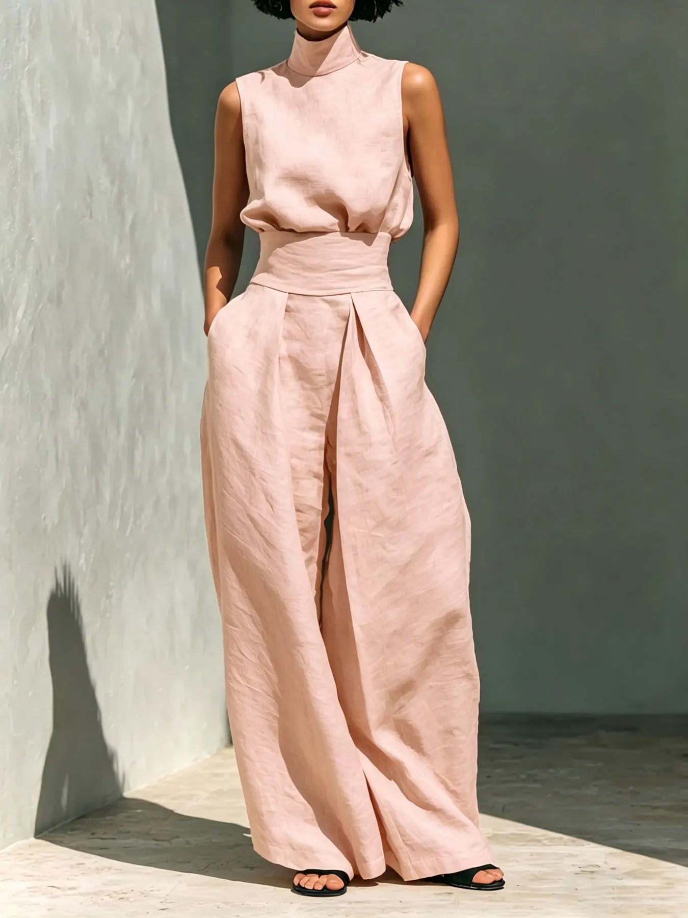 Conjunto Feminino com Blusa Gola Alta Sem Mangas e Calça Pantalona