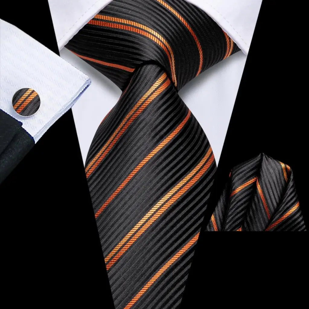 Kit de Gravata Masculina de Seda Jacquard com Lenço e Abotoaduras