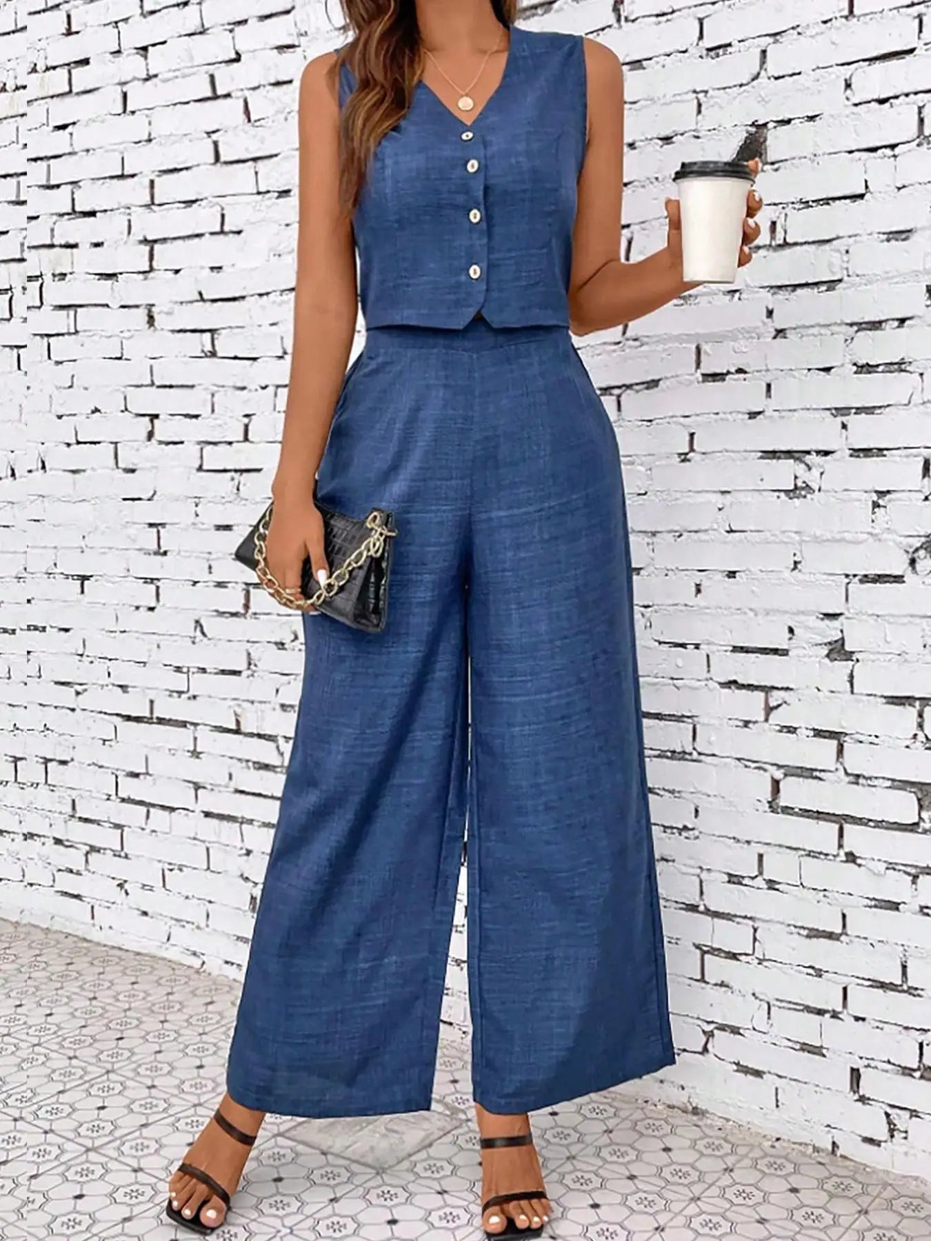 Conjunto Feminino Sem Mangas Blusa Decote V E Calças De Pernas Largas