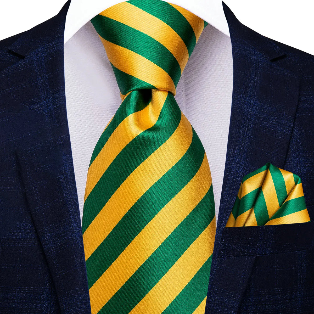 Gravata Masculina Verde e Amarelo Listrado com Lenço de Bolso