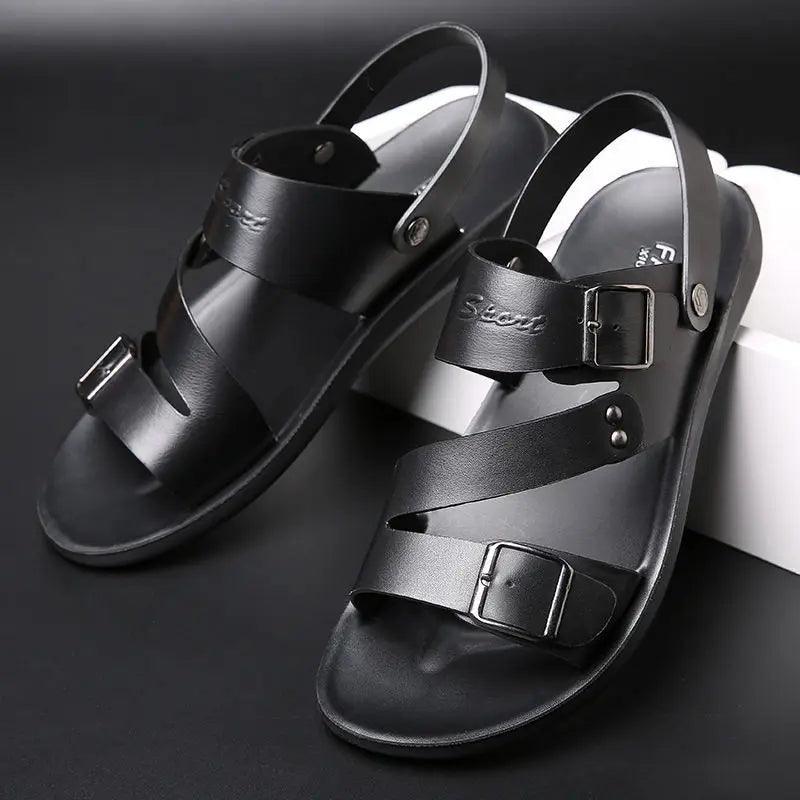 Sandália Masculina de Couro PU com Fivela Dupla