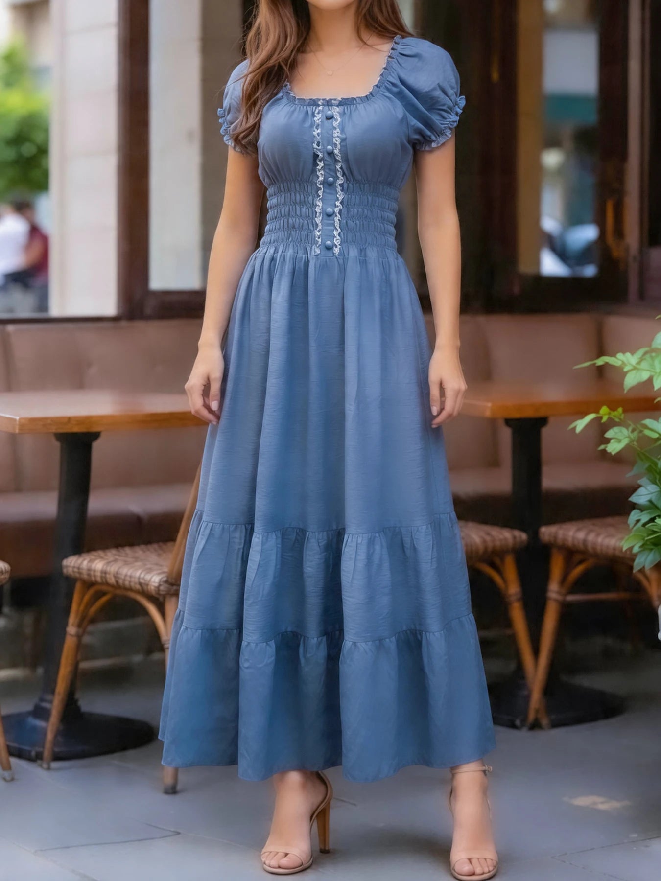 Vestido Longo Elegante Com Decote Quadrado Manga Bolha