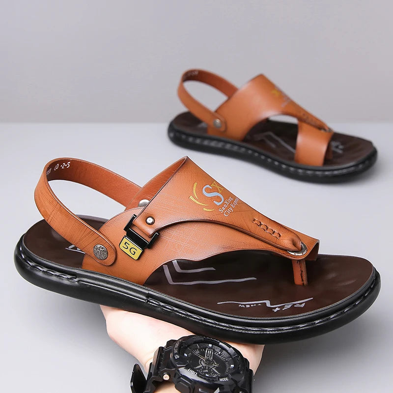 Sandália Masculina de Couro PU de Sola Grossa Antiderrapante