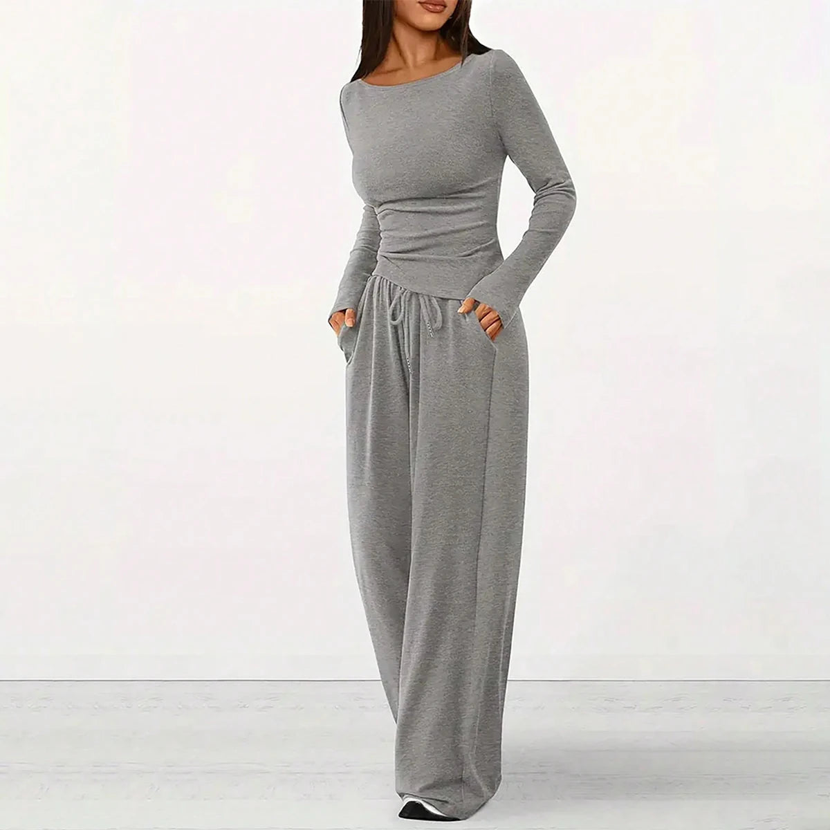 Conjunto Feminino Casual Cinza Cintura Alta Estilo Rua