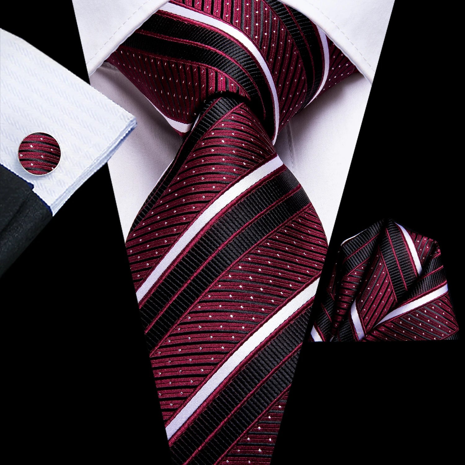 Conjunto de 3 Peças Gravata Masculina de Seda Vermelha com Lenço e Abotoaduras