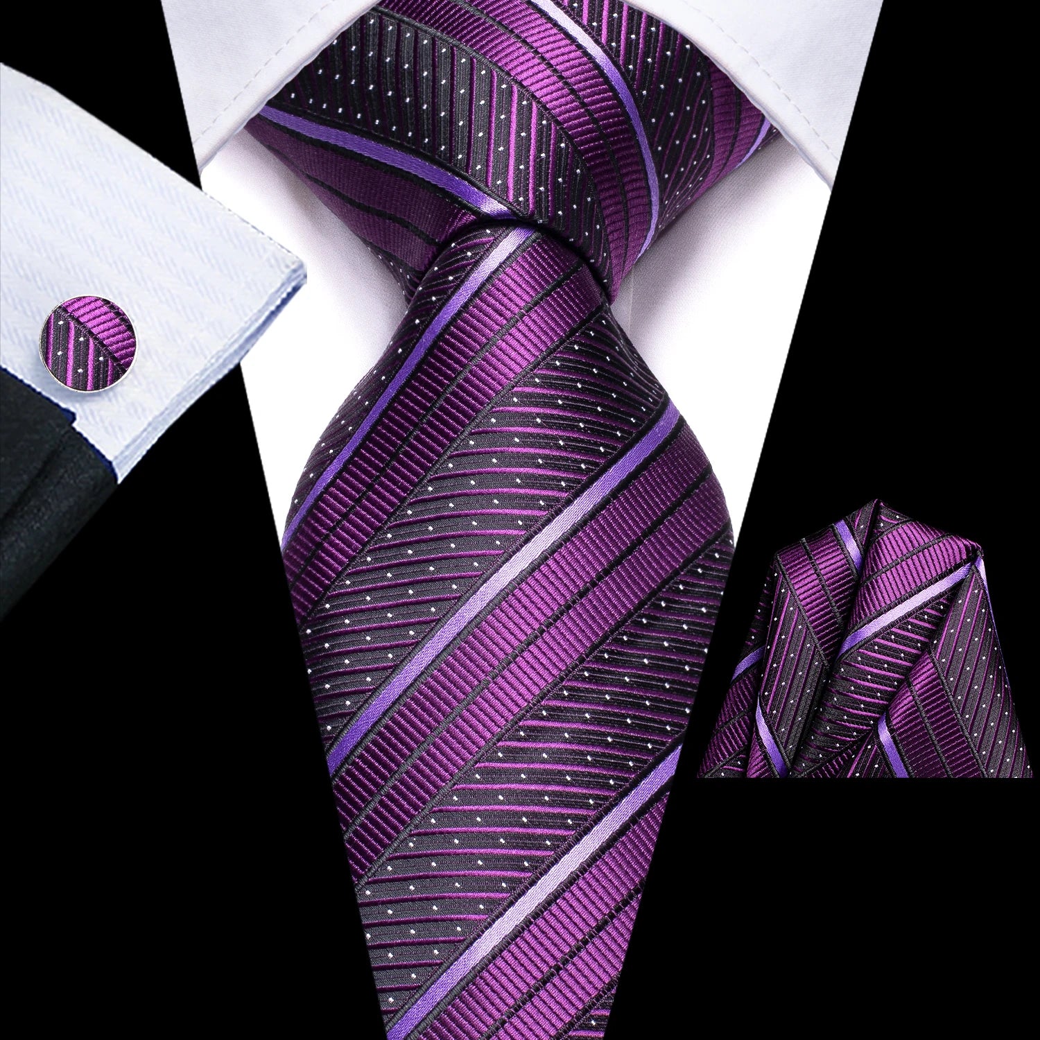 Conjunto 3 Peças Gravata Masculina Poliéster Roxa com Lenço e Abotoaduras