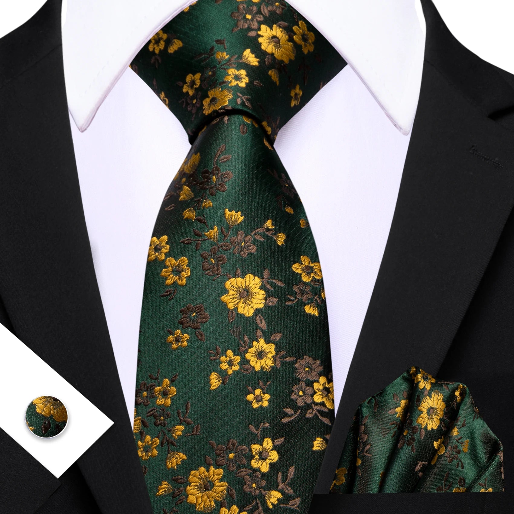Conjunto Gravata Masculina Poliéster Paisley Floral com Lenço e Abotoaduras