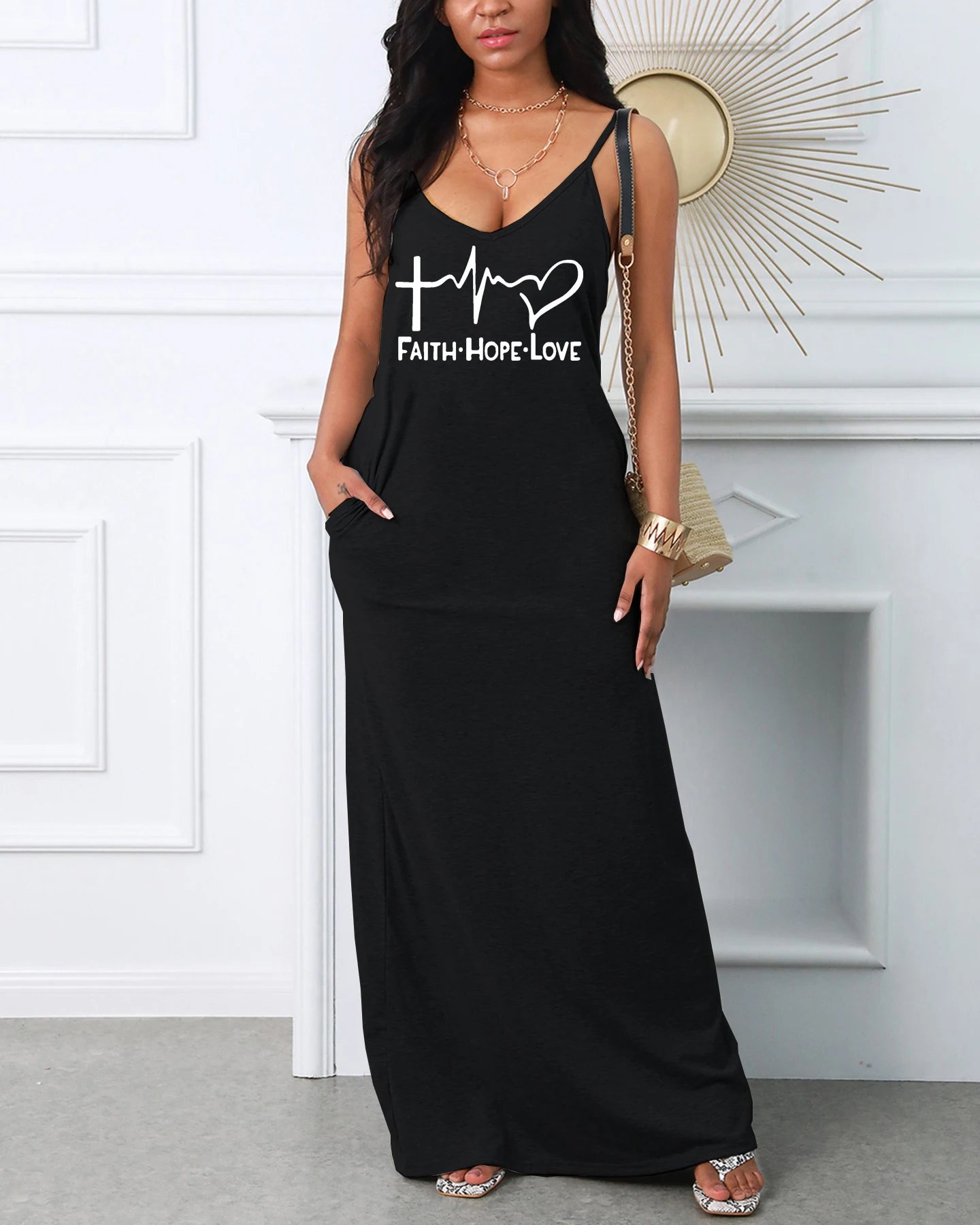 Vestido Longo Feminino Casual Decote em V com Estampa