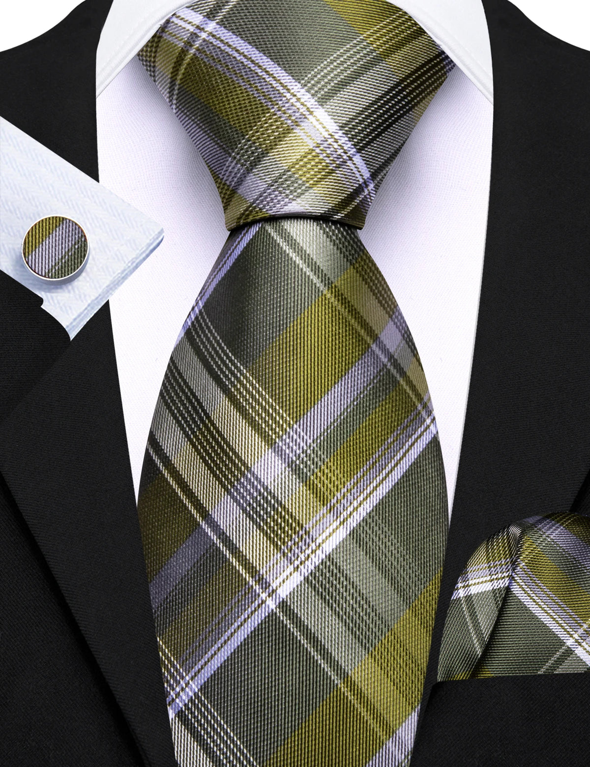 Gravata Masculina Xadrez de Poliéster com Lenço de Bolso e Abotoaduras
