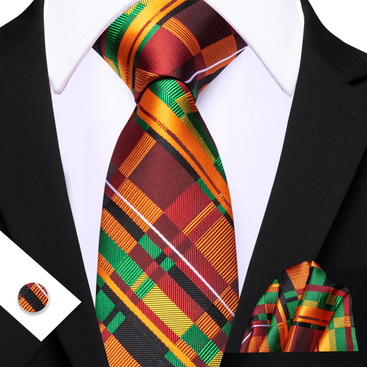 Gravata Masculina Xadrez de Poliéster com Lenço de Bolso e Abotoaduras