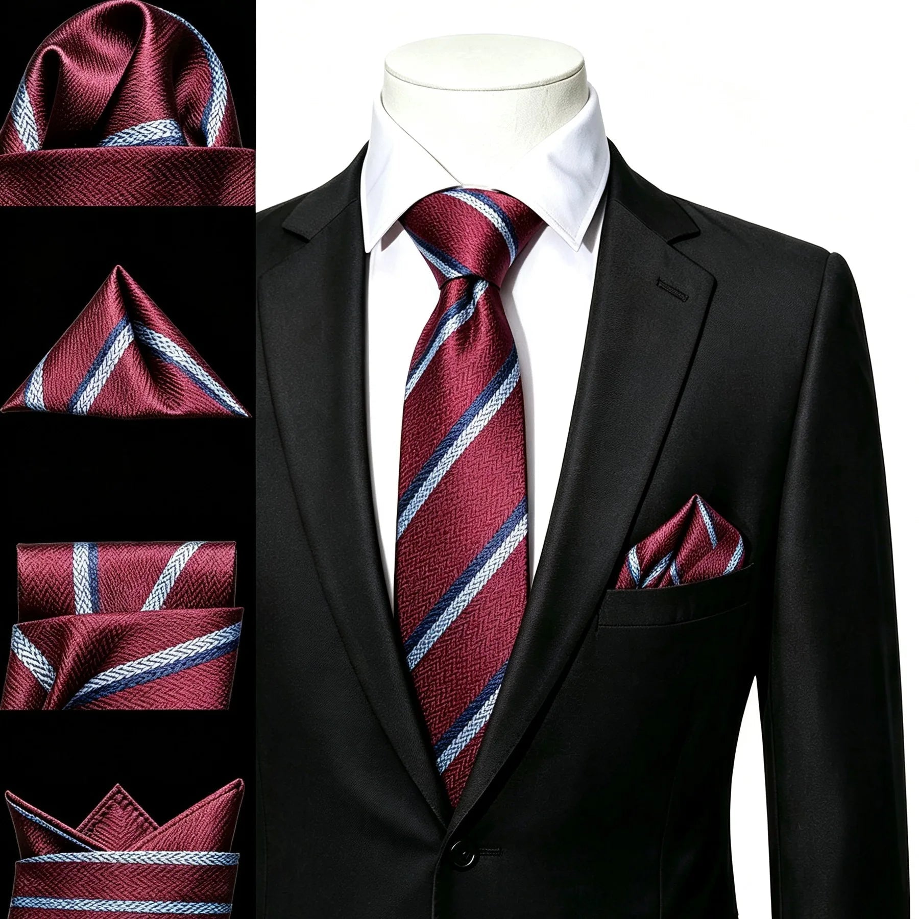 Gravata Masculina Poliéster Vermelho Listrado com Lenço de Bolso