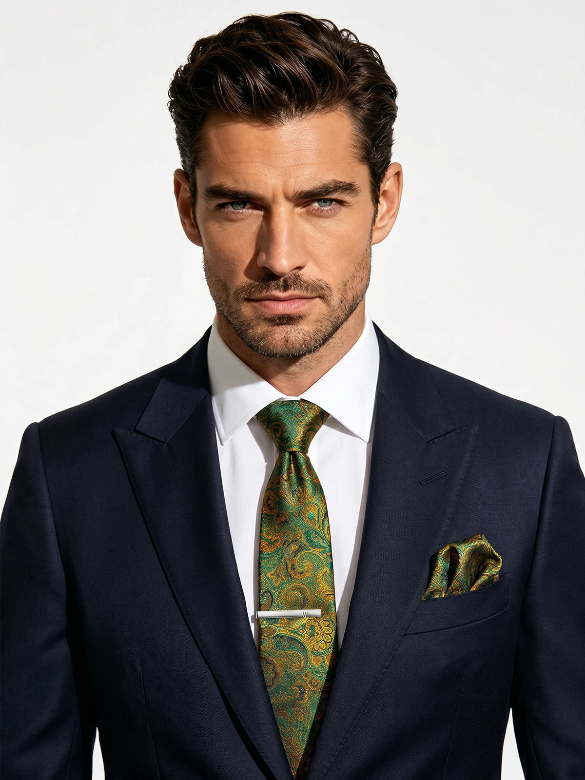 Gravata Masculina Poliéster com Estampa Paisley com Lenço de Bolso