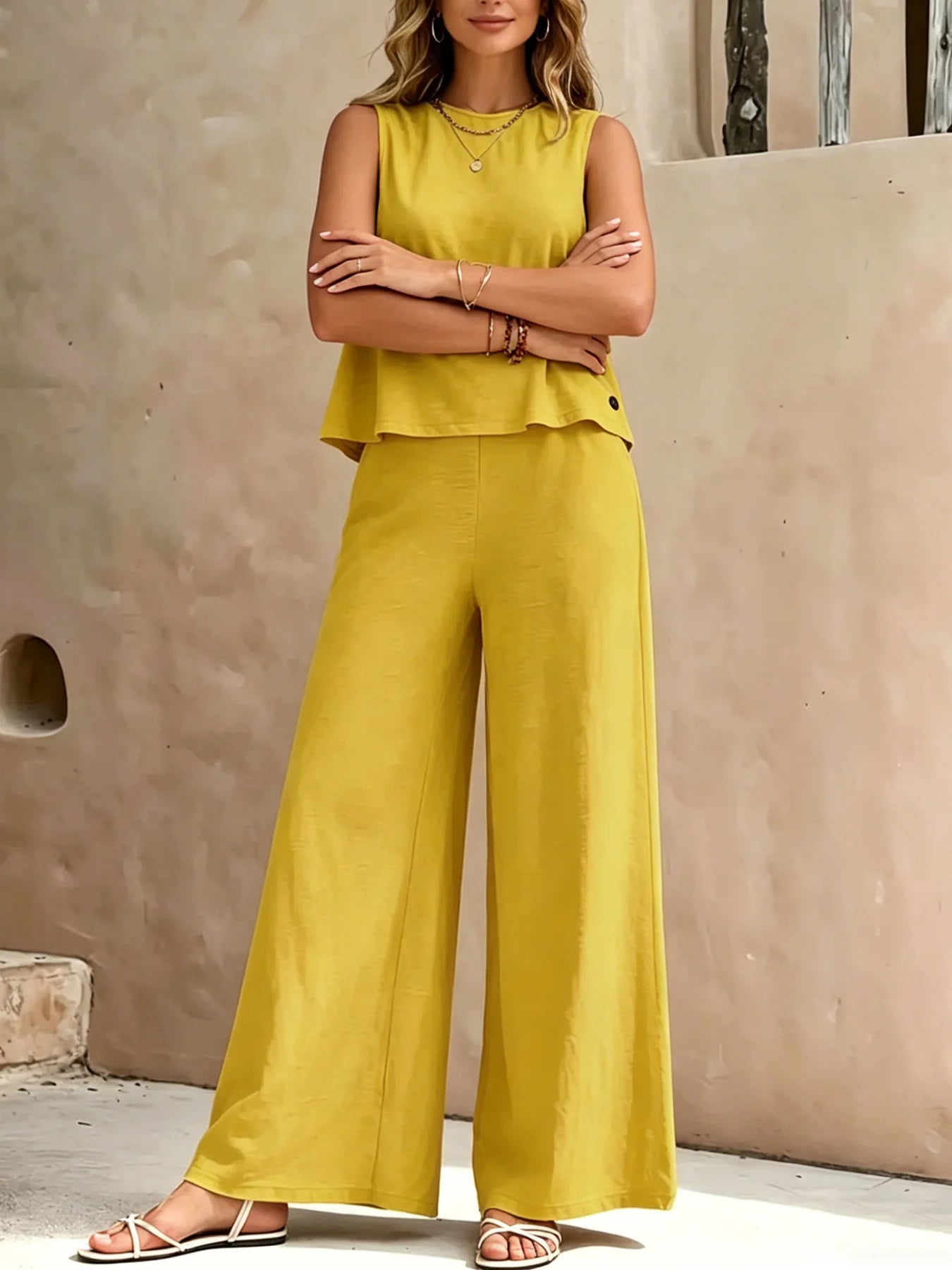 Conjunto Feminino de Duas Peças Amarelo Mostarda