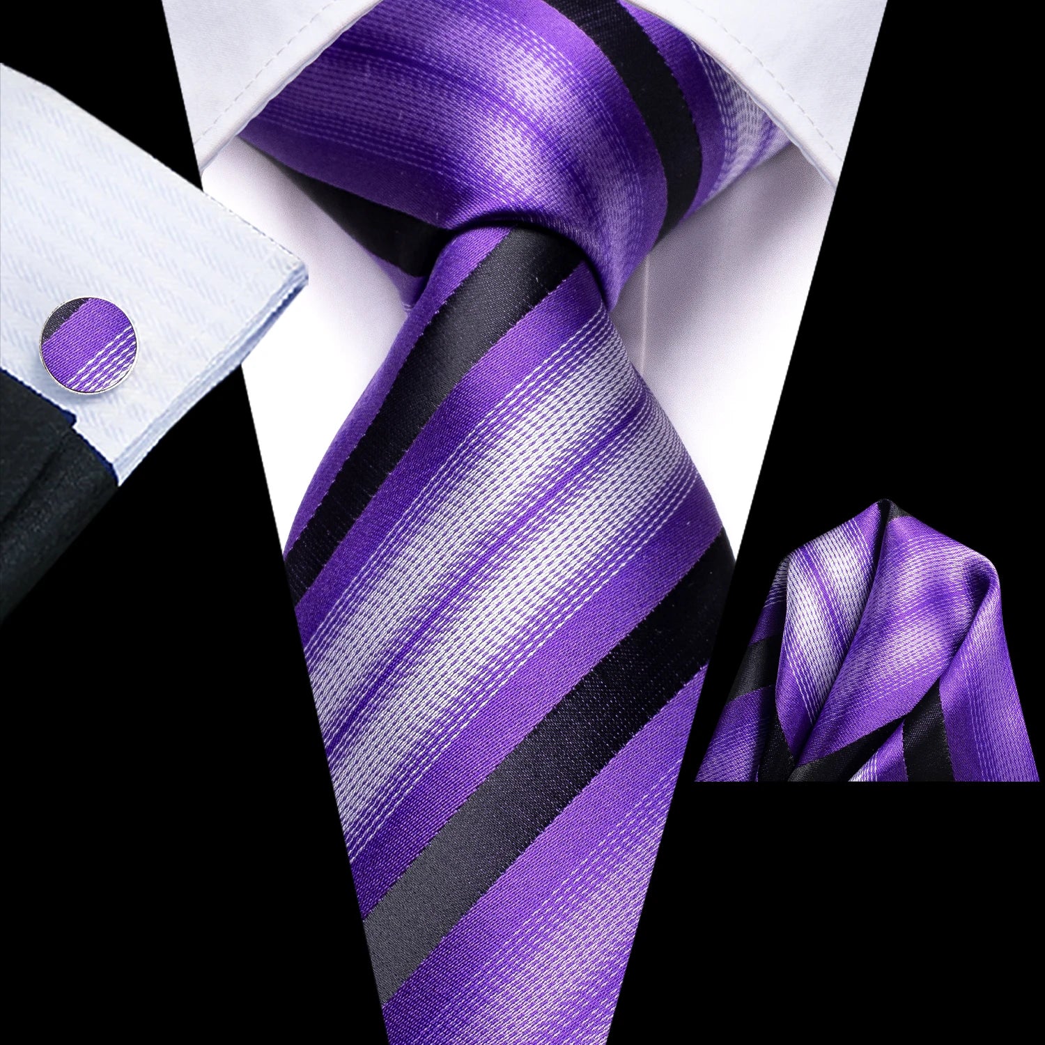 Conjunto 3 Peças Gravata Masculina Poliéster Roxa com Lenço e Abotoaduras