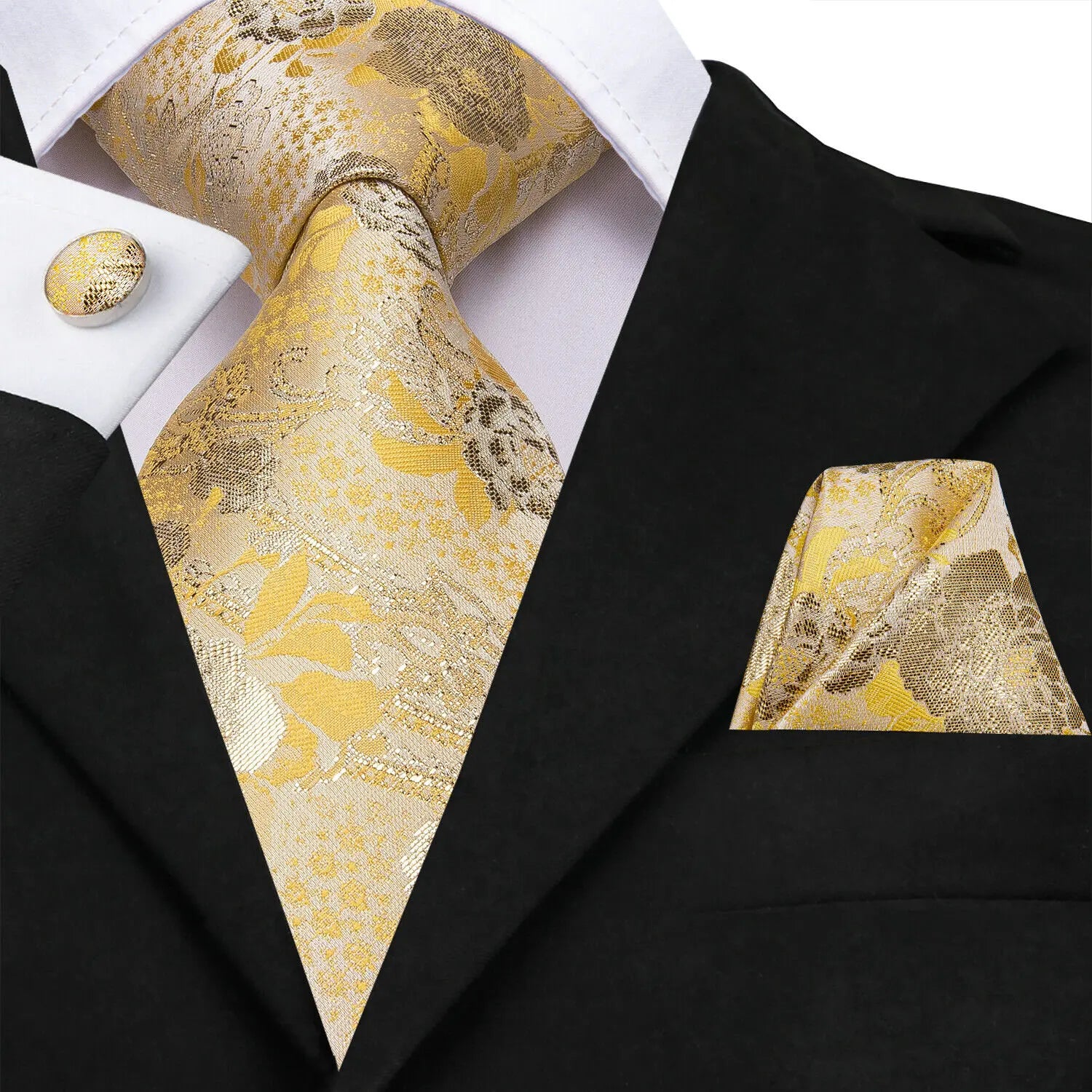 Gravata Masculina de Poliéster Amarelo Floral com Lenço de Bolso