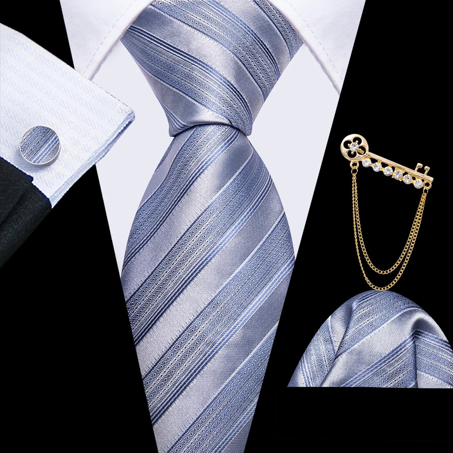 Conjunto de Gravata Masculina Listrada com Lenço de Bolso