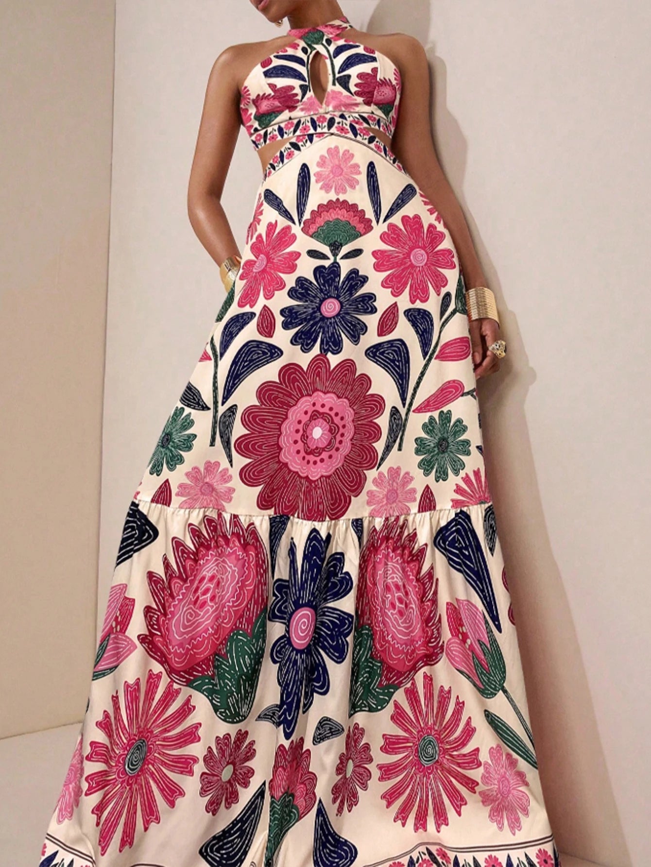 Vestido Longo Feminino Estampa Floral Decote Halter by Loja Bruna Modas