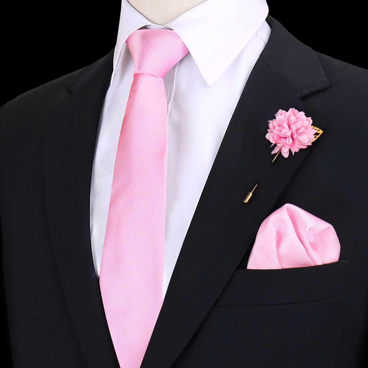 Gravata Masculina Lisa Poliéster com Broche e Lenço de Bolso