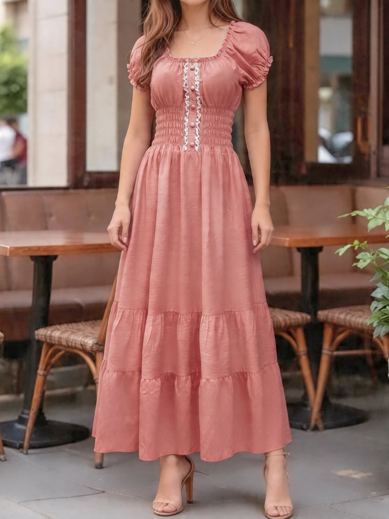 Vestido Longo Elegante Com Decote Quadrado Manga Bolha
