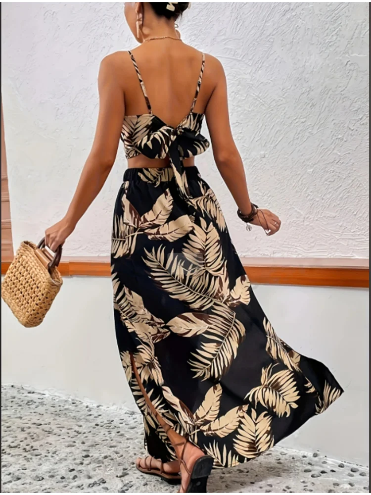 Conjunto Feminino Casual Estampado Com Decote Profundo E Fenda