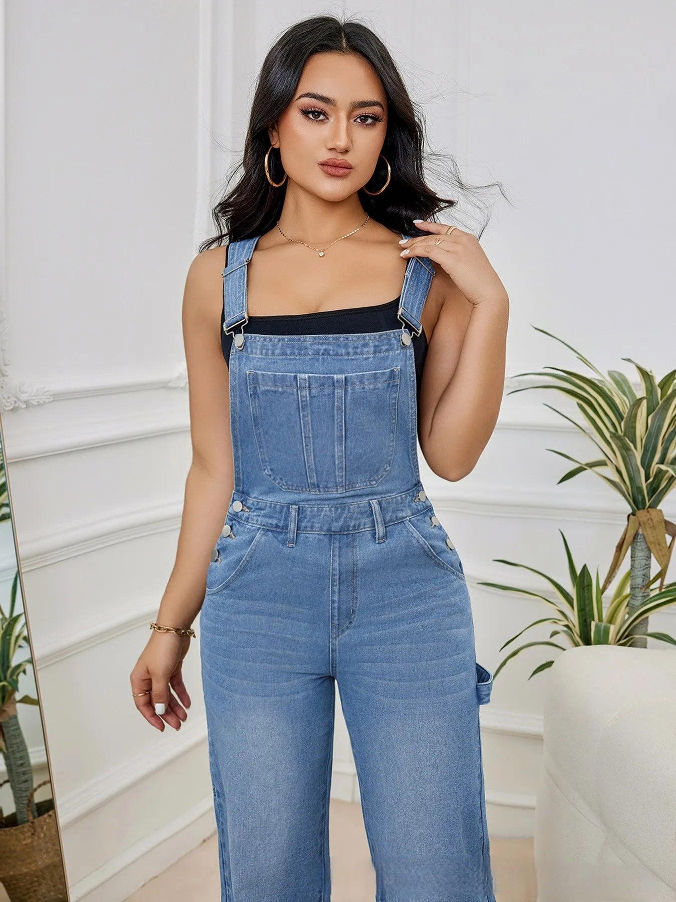 Macacão Feminino Jeans Estilo Urbano com Bolsos