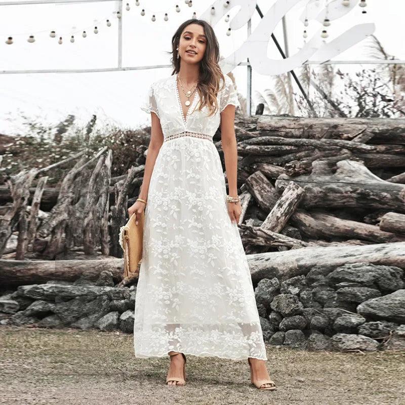 Vestido de Renda Longo Feminino Elegante Decote em V