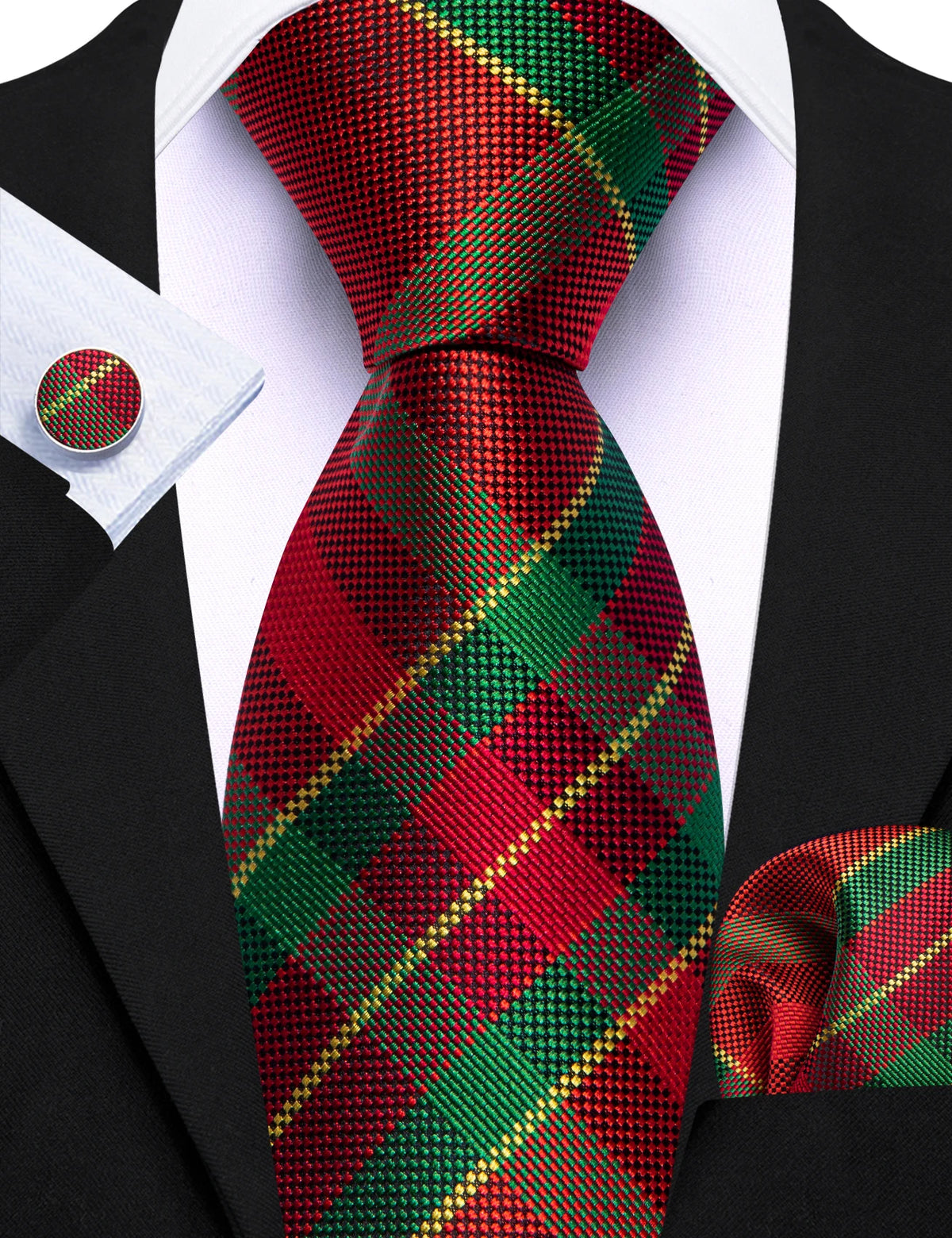 Gravata Masculina Xadrez de Poliéster com Lenço de Bolso e Abotoaduras