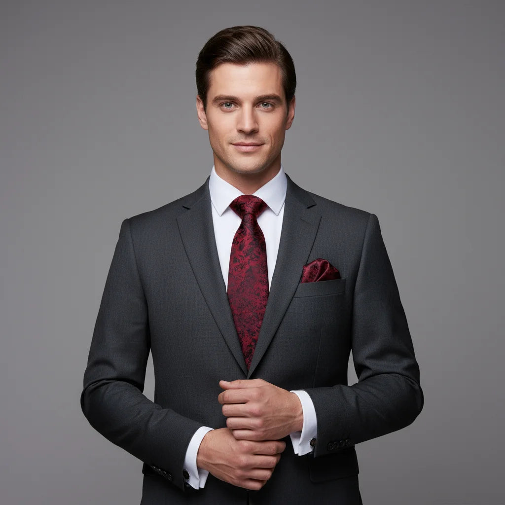 Conjunto de 3 Peças Gravata Masculina de Seda Vermelha com Lenço e Abotoaduras