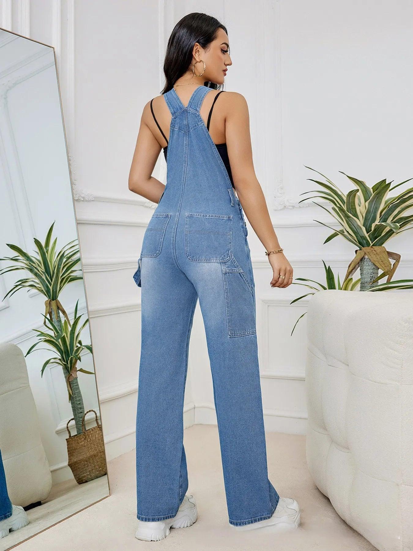Macacão Feminino Jeans Estilo Urbano com Bolsos