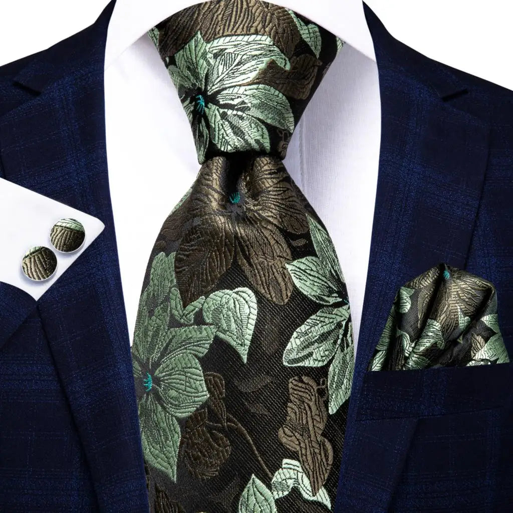 Conjunto de Gravata Masculina Floral Verde