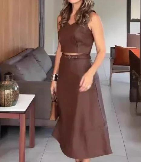 Conjunto Feminino de Couro Duas Peças Cintura Alta (Saia e Blusa)