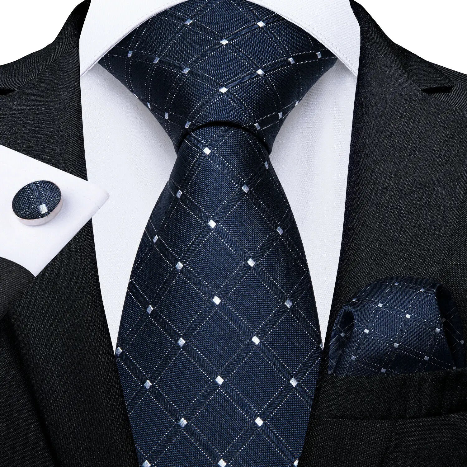 Conjunto Gravata Azul Escuro Masculina Com Lenço E Abotoaduras Para Casamento